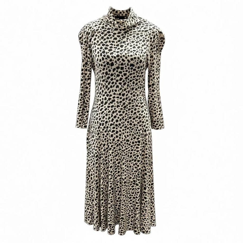 Mango Leopard Print Cowl Neck Dress Small Long Sleeve Fit Flare Midi Mob Wife